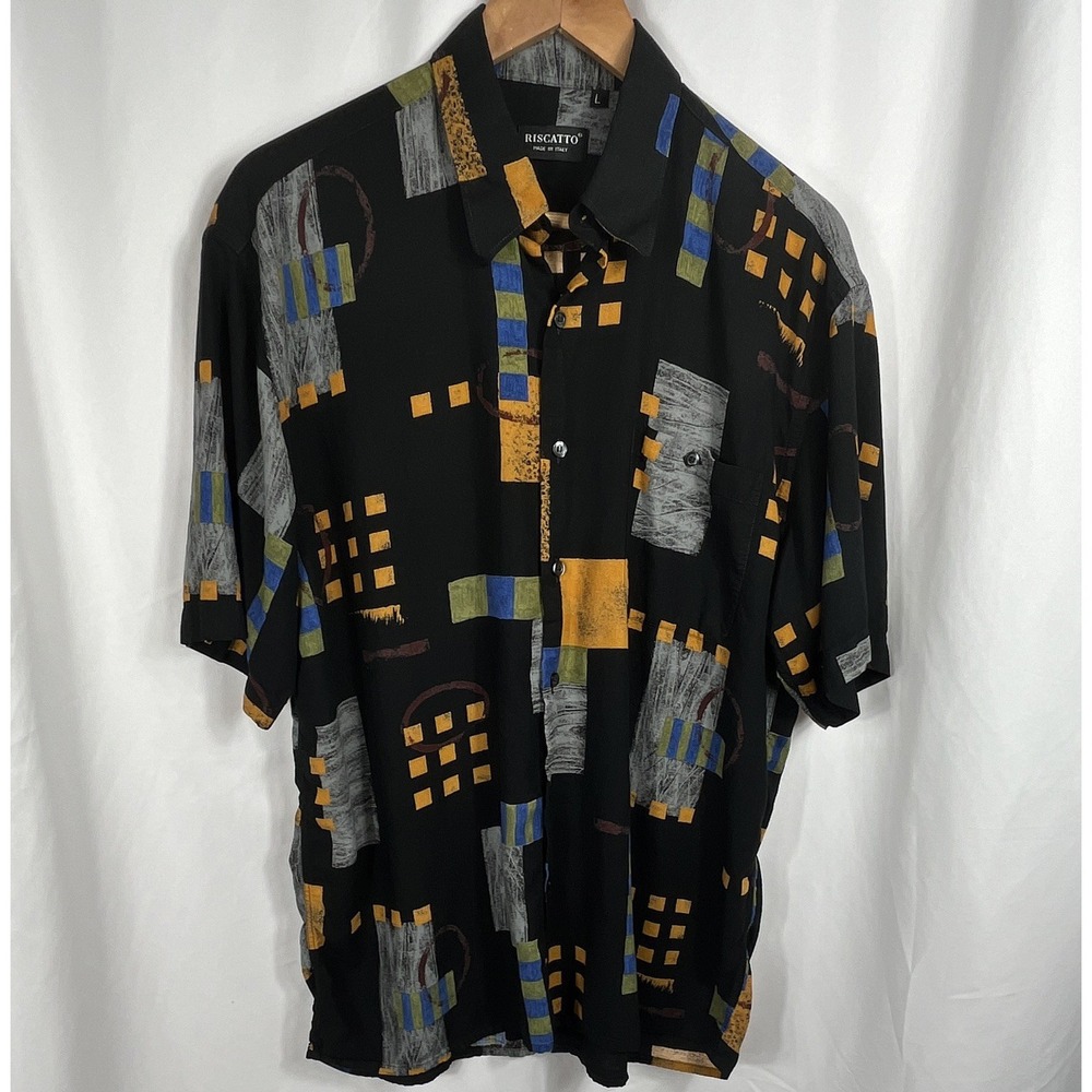 Riscatto Men's Size Large Short Sleeve Black Geometric Shirt Made in Italy